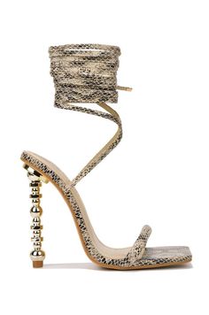 gold heel tie up snakeskin strappy heel - RK Collections Boutique Snake Heels, Single Sole Heels, Unique Heels, Strappy High Heels, Statement Shoe, Ankle Heels, Square Toe Heels, Gold Heels, Lace Up Heels