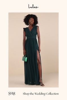 a woman in a long green dress with the words shop the wedding collection on it