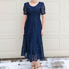 "1990's \"Ariana\" brand sheer nylon lace fit and flare dress. Navy blue, I have a black slip on underneath, and that works well. No slip is included with this. There are glass buttons down the front, but they are decorative only, they do not actually button/unbutton. This is pull-on, and then there's a sash attached in the back to cinch the waist. Tagged as a juniors 5, fits me well as a US size 4, can probably fit some 6's. Please compare the measurements below with a dress you have at home th Casual Fitted Lace Dress, Blue Fitted Lace Patchwork Dress, Casual Fitted Lace Dress With Lace Trim, Casual Fitted Lace Trim Dress, Boho Dress Short, Grey Floral Dress, Boho Dresses Long, Linen Dress Women, Marine Uniform