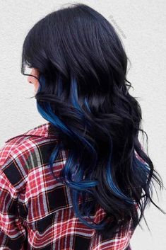 Black With Blue Peekaboos, Blue Lowlights In Brown Hair, Midnight Blue Hair Highlights, Black Hair With Blue Highlights, Black And Blue Hair