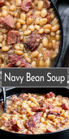 two pictures with different foods in them and the words navy bean soup on top of it