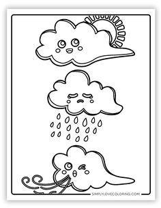 a coloring page with two cartoon clouds and one is raining from the rain, while another has