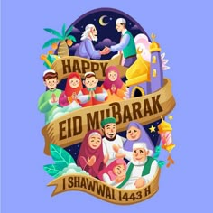 happy eid mubarak greeting card with cartoon characters and banner on blue background