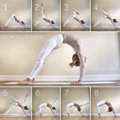 a woman doing yoga poses with her hands in the air and one leg bent up