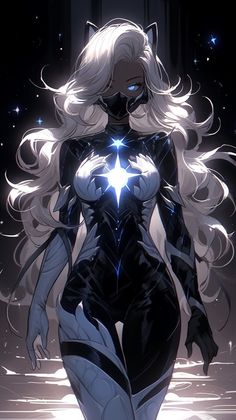 a woman dressed in black and white is walking through the dark with stars on her chest