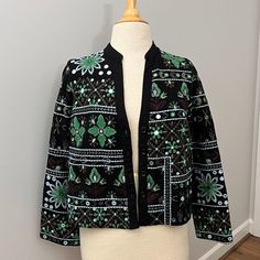 New Zara Embellished Embroidered And Mirrored Ethnic Style Floral Jacket Sz S This Is A Gorgeous Boho Jacket. It Has Embroidered Floral Patterns With Mirror Circles. Lightweight And Can Be Dressed Up With Black Pants Or A Skirt Or Down With Cute Jeans And Boots. My Favorite Is The Color. The Emerald Green Just Pops Against The Black. Color: Black And Emerald Green Condition: New With Tags, Never Been Worn Size: Small Pit To Pit 20" Length 21" Traditional Embellished Festive Outerwear, Traditional Embellished Spring Outerwear, Festive Bohemian Embellished Outerwear, Bohemian Sequined Festive Outerwear, Festive Bohemian Sequin Outerwear, Festive Beaded Fall Outerwear, Beaded Fall Festive Outerwear, Festive Black Spring Outerwear, Festive Beaded Outerwear