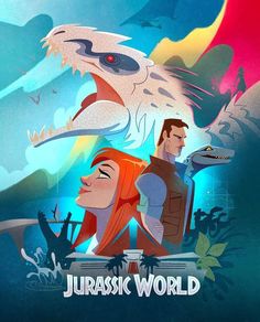 the poster for jurasic world shows two people in front of a giant creature