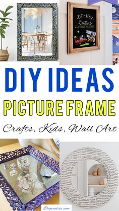 there are many pictures on the wall with text overlay that says diy ideas picture frame crafts, kits, and more art