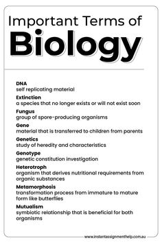 an info sheet with the words important items of biology in black and white text