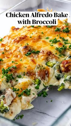 chicken alfredo bake with broccoli in a glass casserole dish