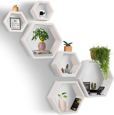 three hexagonal shelves with plants and books on them in the shape of hexagons