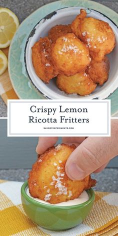 crispy lemon ricotta fritters in a green bowl