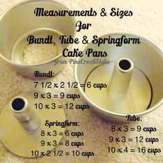 measurements and sizes for bundt, table & springform cake pans with instructions