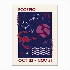 the zodiac sign for scorpio is shown in red and purple, with stars above it