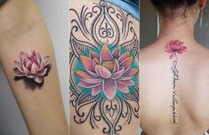 three different tattoos on the back of women's bodies, each with a lotus flower