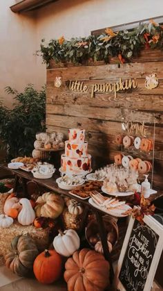 a table topped with lots of different types of cakes and desserts next to a sign that says little pumpkin