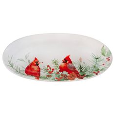 two red birds sitting on top of a white bowl with holly and pine branches around it