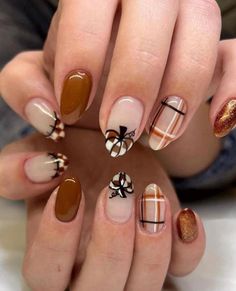 Fall Plaid Nails | Thanksgiving Nails | Press On Nails | Pumpkins Thanksgiving Nails Short Square, Fall Luminary Nails, Neutral Design Nails, Fall Nails With Pumpkins, Square Fall Nail Designs, Fall Themed Nails Autumn, Halloween Nail Designs Acrylic, Harvest Nails, Fall Themed Nails