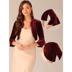 Women's elegant sleeve cropped bolero shrug ruffle bolero jackets. The fabric is soft and lightweight, making it suitable for all-year wear. This solid bolero shrug has a 3/4 sleeve and ruffled design for added elegance and sophistication. You can't go wrong with the vintage cropped shrug you're looking for.a style so classic, you can keep it forever. This cropped cardigan projects a confident image, a must-have in any woman's wardrobe. Elegant Fitted Solid Shrug, Fitted Formal Shrug For Fall, Elegant 3/4 Sleeve Shrug For Spring, Elegant Shrug With 3/4 Sleeves For Spring, Fitted Winter Shrug, Fitted Solid Winter Shrug, Fitted Solid Color Winter Shrug, Elegant Long Sleeve Fall Shrug, Elegant Fitted Cropped Shrug