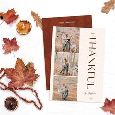 the thanksgiving card is surrounded by autumn leaves