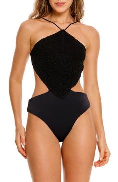 Hand-beaded ties bring lots of personality to this open-back one-piece swimsuit. Ties at back Adjustable tie straps Cheeky back coverage 84% polyamide, 16% elastane Hand wash, dry flat Imported Elegant Backless Halter Top For Beach Season, Party Beachwear Swimwear With Tie Back, Party Swimwear With Tie Back And Stretch, Beachwear Triangle Halter Top For Party, Low Back Beachwear Swimwear For Party, Stretch Backless Party Swimwear, Low-back Beachwear Swimwear For Party, Stretch Halter Top For Beach Party, Stretch Backless One-piece For Party