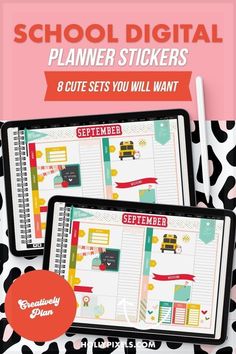 the school digital planner stickers are shown on two ipads, one with an image of