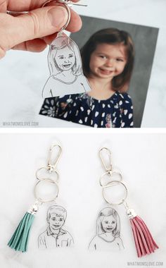 a person holding a keychain with an image of a woman on it and another photo