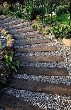 an image of a stone path in the middle of some plants and flowers on top of it