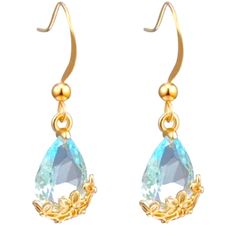 Beautiful Sparkling 18k Gold Earrings With Golden Le Fleur Base Featuring Sparkling Aquamarine Swarovski Crystal French Hook Pierced Earrings. Gift-Boxed. Elegant Light Blue Crystal Earrings For Gift, Formal Blue Gold-plated Earrings, Elegant Light Blue Teardrop Earrings, 18k Gold Earrings, Aquamarine Earrings, Gold Lace, Pierced Earrings, Bling Bling, Earings Piercings