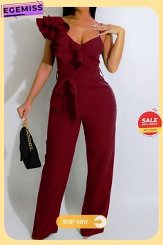 Burgundy Sexy Solid Patchwork Flounce Spaghetti Strap Straight Jumpsuits Chic Spaghetti Strap Jumpsuits For Parties, Chic Spaghetti Strap Jumpsuits And Rompers For Party, Chic Party Jumpsuits And Rompers With Spaghetti Straps, Trendy Spaghetti Strap Jumpsuits For Parties, Trendy Spaghetti Strap Jumpsuits And Rompers For Party, Trendy Party Jumpsuits And Rompers With Spaghetti Straps, Fitted Jumpsuits And Rompers With Suspenders For Party, Chic Solid Color Jumpsuits With Spaghetti Straps, Chic Spaghetti Strap Jumpsuit In Solid Color