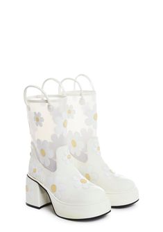 cuz dreaming is free. These platform boots have a patent vinyl construction, clear vinyl uppers, contrast colored daisy appliques all over, platform soles, block heels, pull handles, and a slip on fit. Platform Rain Boots, Daisy Fashion, Fun Boots, Chunky Heel Boots, Rain Booties Outfits, Rain Boot, Boots With Heels, Fun Shoes, Dollskill Boots