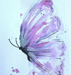 a painting of a pink butterfly on a white paper with watercolors and ink