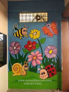 a mural on the side of a building with flowers and bugs painted on it's doors