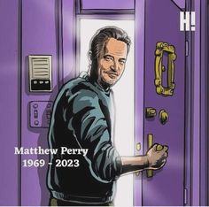 a man is standing in front of a purple door with the words, matthew perry 1909 - 202