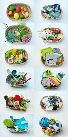 several different pictures of various objects in baskets