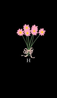 pink flowers on black background with the letter h in the center and bow at the bottom