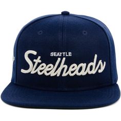 Men's Seattle Steelheads Rings & Crwns Navy Snapback Hat Retro Hat With Adjustable Flat Crown, Adjustable Flat Crown Snapback Hat For Baseball Season, Adjustable Flat Crown Baseball Cap For Sports Events, Adjustable Snapback Hat For Sports Events, Adjustable Fitted Hat With Flat Crown For Sports, Adjustable Flat Crown Hat For Sports Events, Brand Rings, Raised Embroidery, Cloth Material