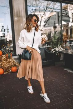 40 Cute Fall Sneakers Outfits You'll Love: Trending Now Capsule Wardrobe Dresses, Sweater Over Dress, Skirts With Sneakers, Fall Fashion Coats, Look Formal, Street Style Edgy