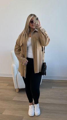 Black leggings, white tan top, and oversized shirt jacket with chunky white sneakers for a casual mom outfit for spring. Plus Size Outfits Sneakers, T Shirts Dress Outfit, Casual Fall Outfits Outdoors, Plus Size Fall Outfit Inspo 2024, Women’s Plus Size Fall Outfits, Plus Size Outfits For Vacation, Mom Plus Size Outfits, Women’s Fall Outfit Ideas, Cute Fall Outfits For Plus Size Women