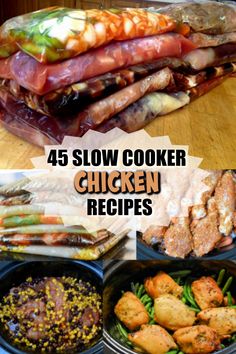 the four pictures show different types of slow cooker chicken and other foods in plastic containers