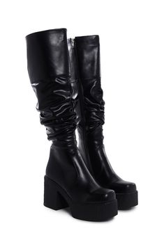 cuz you love Y2K style. These boots have a vegan leather construction, platform soles, block heels, a ruched slouched design, and side zipper closures. Outfit Oc, Combat Boots Platform, Y2k Boots, Dolls Kill Shoes, Trendy Womens Shoes, Crochet Shop, Boots Platform, Black Platform Boots, Black Dolls