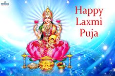 happy laxmi puja with the image of lord laxmi in front of it