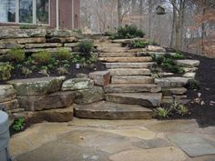 stone steps leading up to a house in the woods