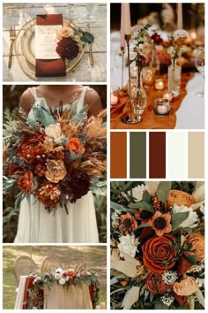 a collage of different wedding colors with flowers and greenery on the table, including candles