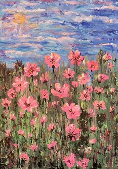 a painting of pink flowers in a field