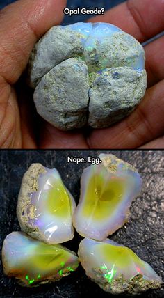 two pictures showing different types of rocks with opals in them and an opal god's hand holding one