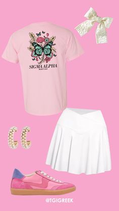 a pink shirt, white skirt and sneakers on a pink background with the words snogmappia