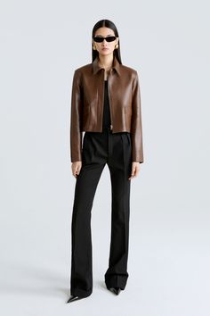 Model is wearing the Bleeker Milk Chocolate Cropped Leather Jacket Front Cropped Brown Leather Jacket Outfit, Leather Suit, Fitted Leather Jacket Outfit, Cropped Jackets, Suit Trousers Women Outfit, Cropped Jacket, Brown Jacket Outfit, Cropped Jacket Outfit, Leather Trousers Outfit