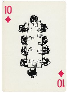 a black and white drawing of a table with four cards on the top, in front of it