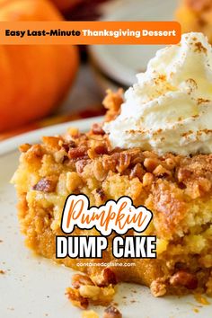 a close up of a piece of cake on a plate with whipped cream and pumpkins in the background